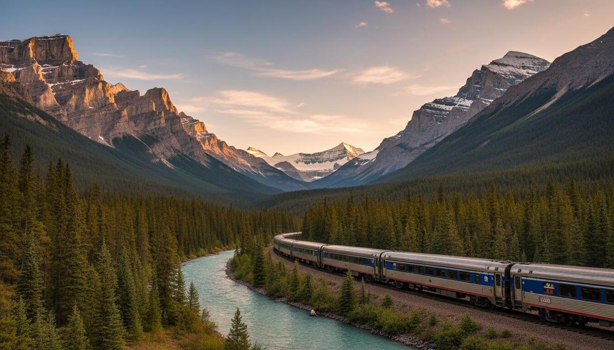 VIA Rail train traveling through Canadian Rockies