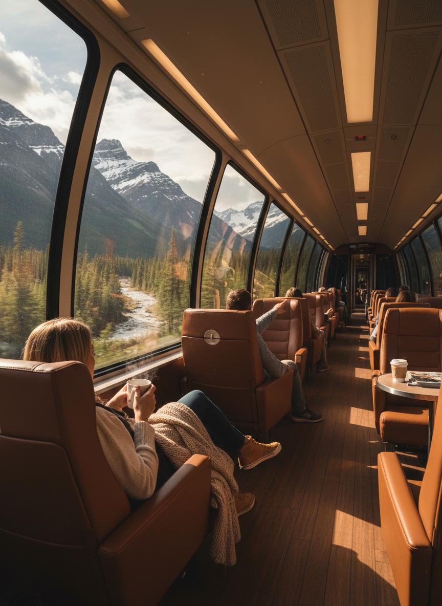 VIA Rail train interior with passengers enjoying mountain views